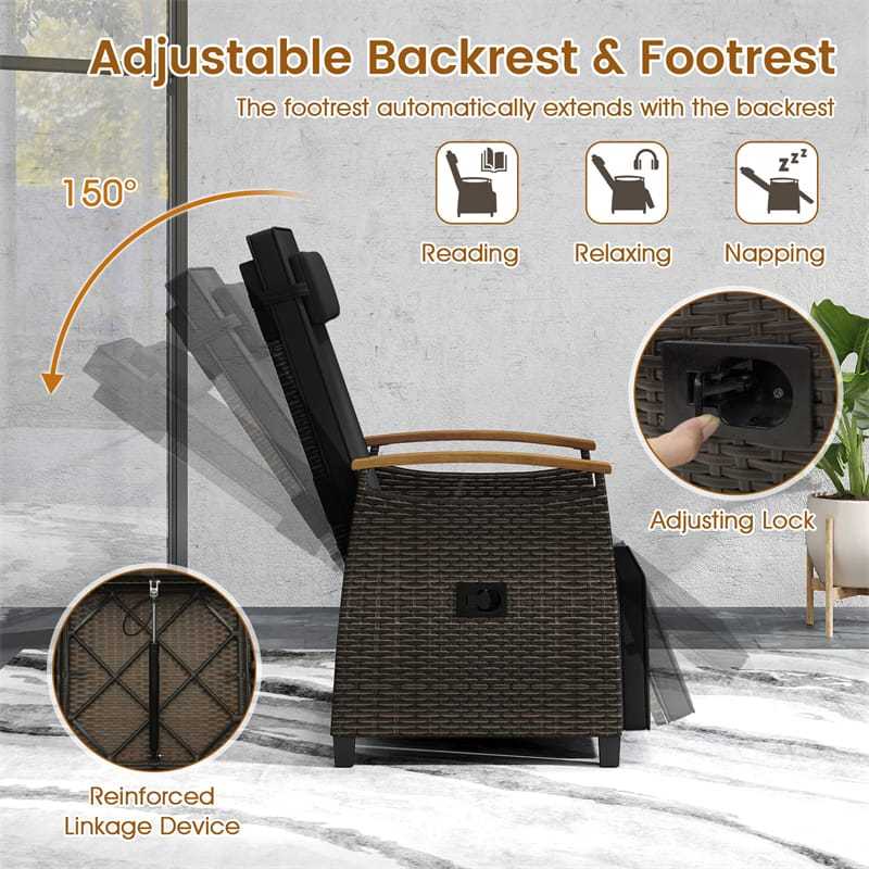 Outdoor Wicker Recliner Chair with Adjustable Backrest, Footrest, Flip Side Table & Cushion, Patio Rattan Chaise Lounge for Backyard Porch