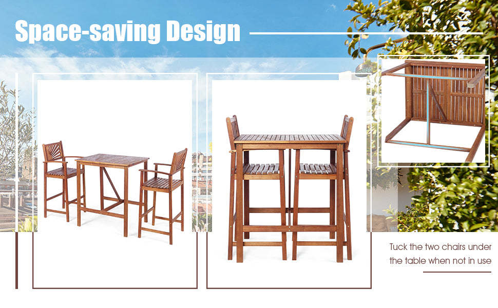 3 Piece Patio Bar Table Stool Set Wood Outdoor Dining Set