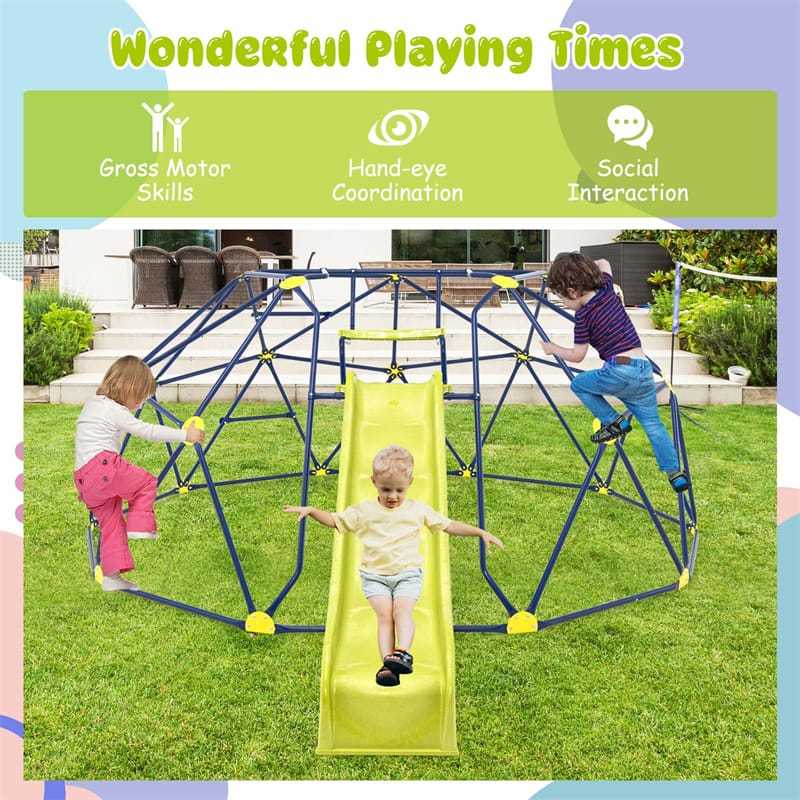 13.3FT Climbing Dome with Extended Wavy Slide, Kids Outdoor Jungle Gym Monkey Bar Geometric Dome Climber Climbing Toys for Toddlers