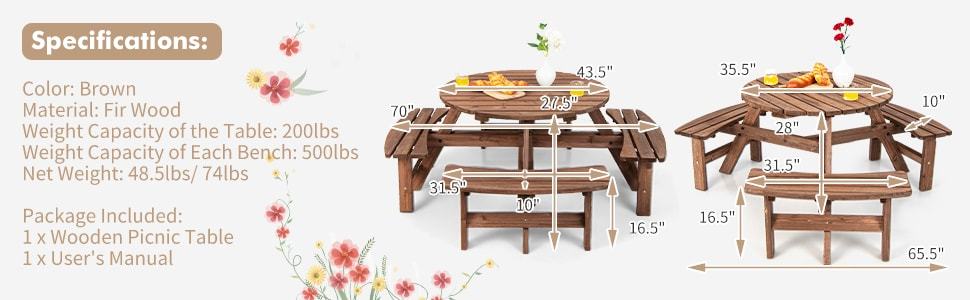 8-Person Wood Patio Picnic Dining Table Bench Set with Umbrella Hole for Garden Yard