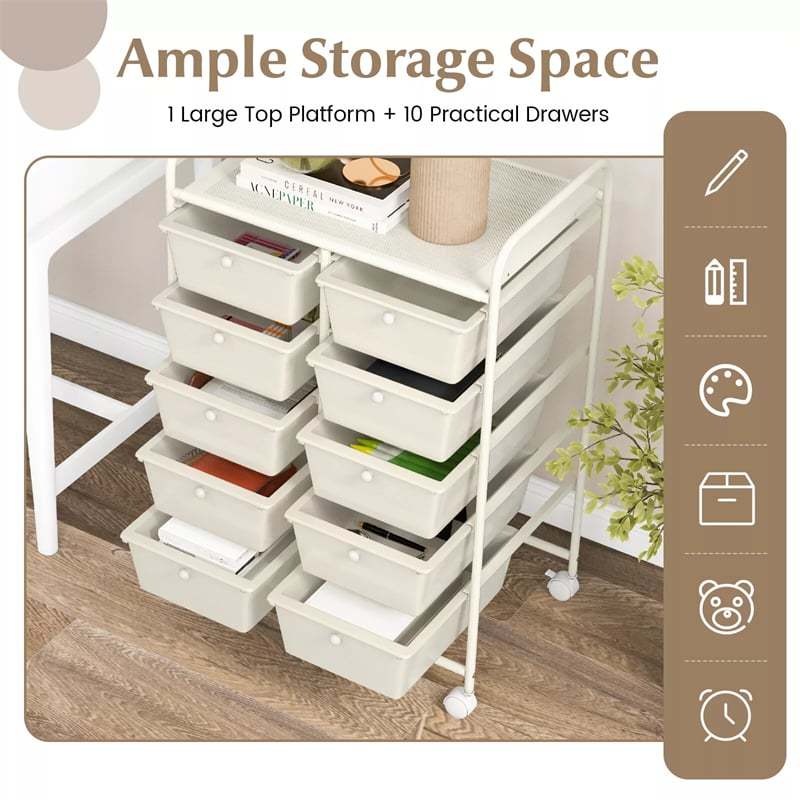 10 Drawer Rolling Cart, Storage Cart Organizer with Wheels, Mobile Utility Cart for Classroom, Office, Home, Craft, Art, Paper, Salon
