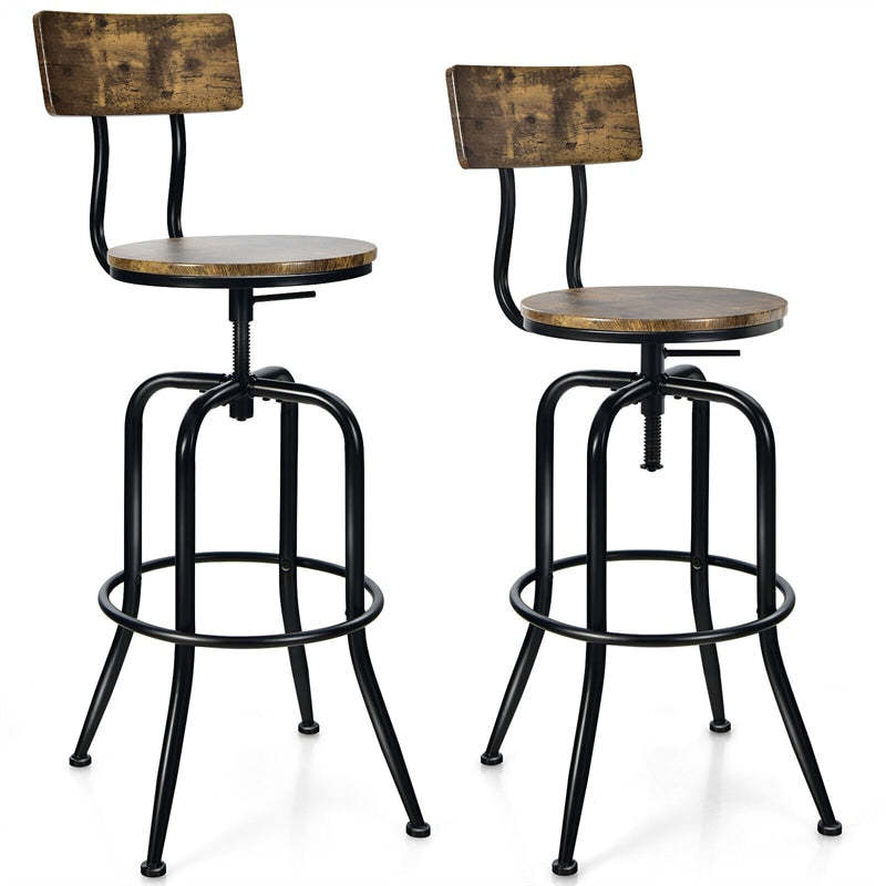 Vintage Industrial Bar Stools Set of 2, Adjustable Counter Height Bar Chairs with Arc-Shaped Backrest & Footrest, Swivel Metal Stools for Kitchen Pub