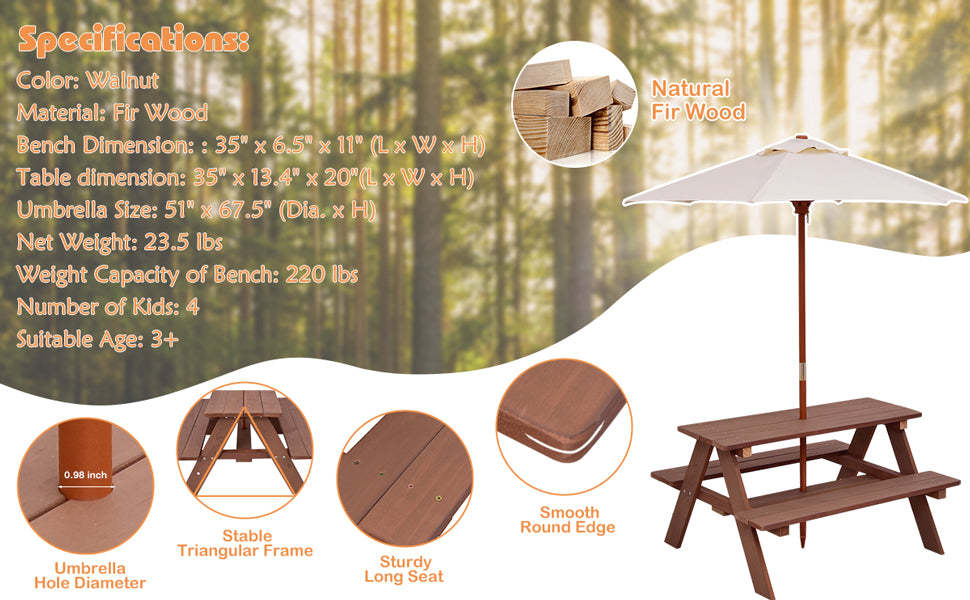 Kids Outdoor Picnic Table Toddler Wood Patio Table & Bench Set with Removable Folding Umbrella for Backyard Garden Lawn
