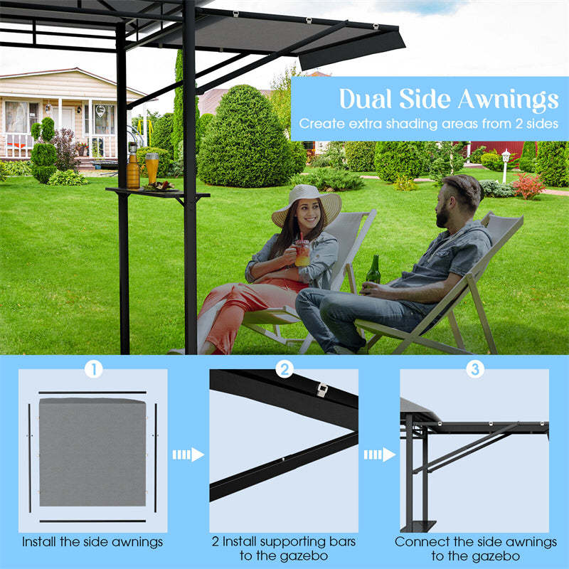 13.5' x 4' Patio BBQ Grill Gazebo 2-Tier Outdoor Grill Gazebo Canopy Shelter with Dual Side Awnings Shelves