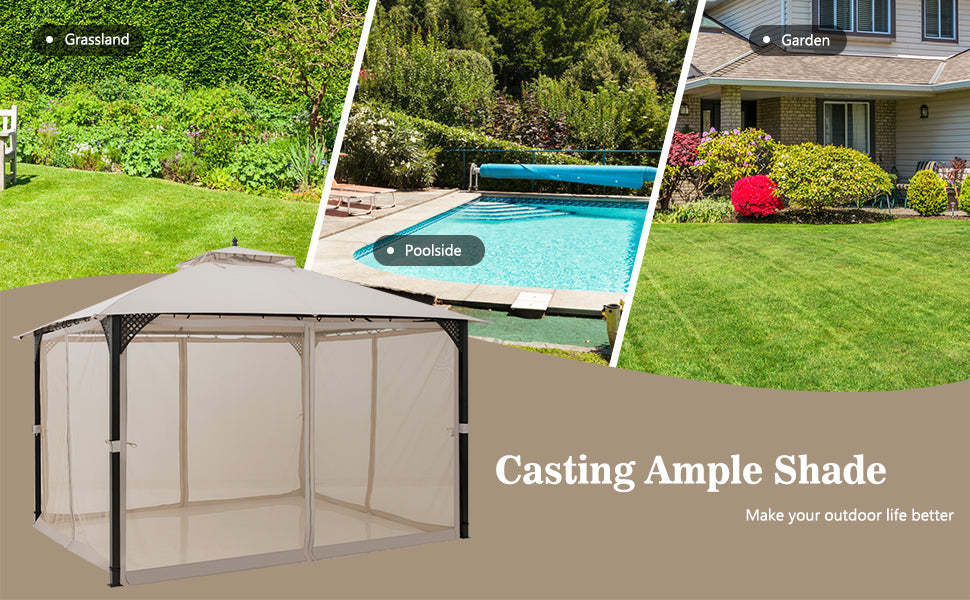 12' x 10' Outdoor Heavy Duty Patio Gazebo with Dual-Tiered Top & Netting Curtain