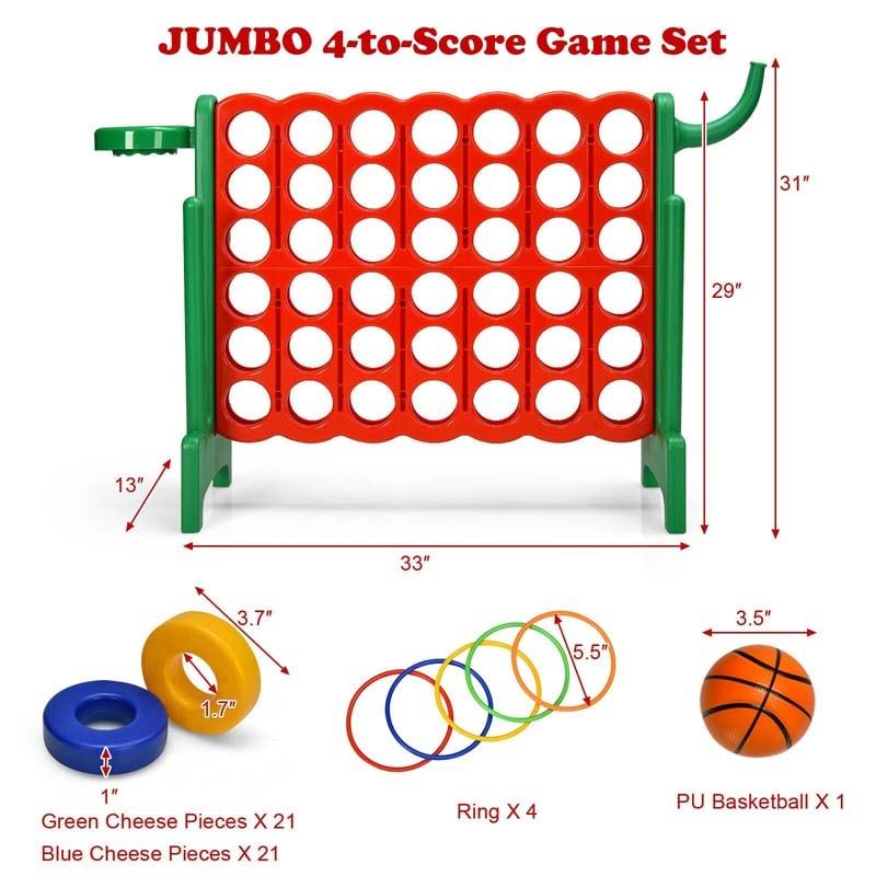 Giant 4-in-A-Row Game Set, Jumbo 4-to-Score Lawn Game with Basketball Hoop, 42 Rings, Quick-Release Slider for Kids & Adults, Indoors Outdoors