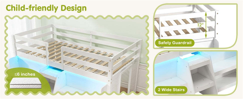 Twin Low Loft Bed for Kids, Wooden Loft Bed with Adjustable LED Lights, Stairs, Safety Guardrail, Storage Bookcase & Under Bed Play Area