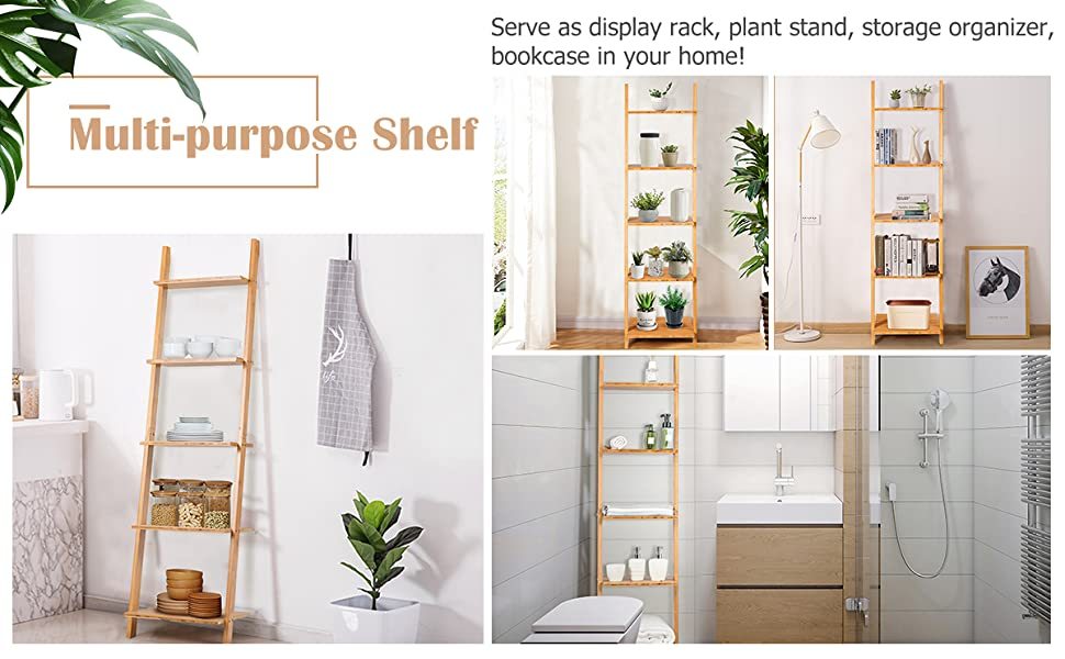 5-Tier Bamboo Ladder Plant Stand Leaning Bookshelf Display Shelf