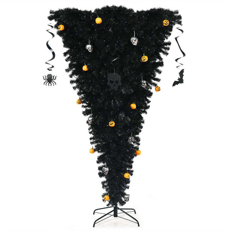 7FT Upside Down Artificial Christmas Tree Black Halloween Tree for Holiday Decorations with 400 Purple LED Lights