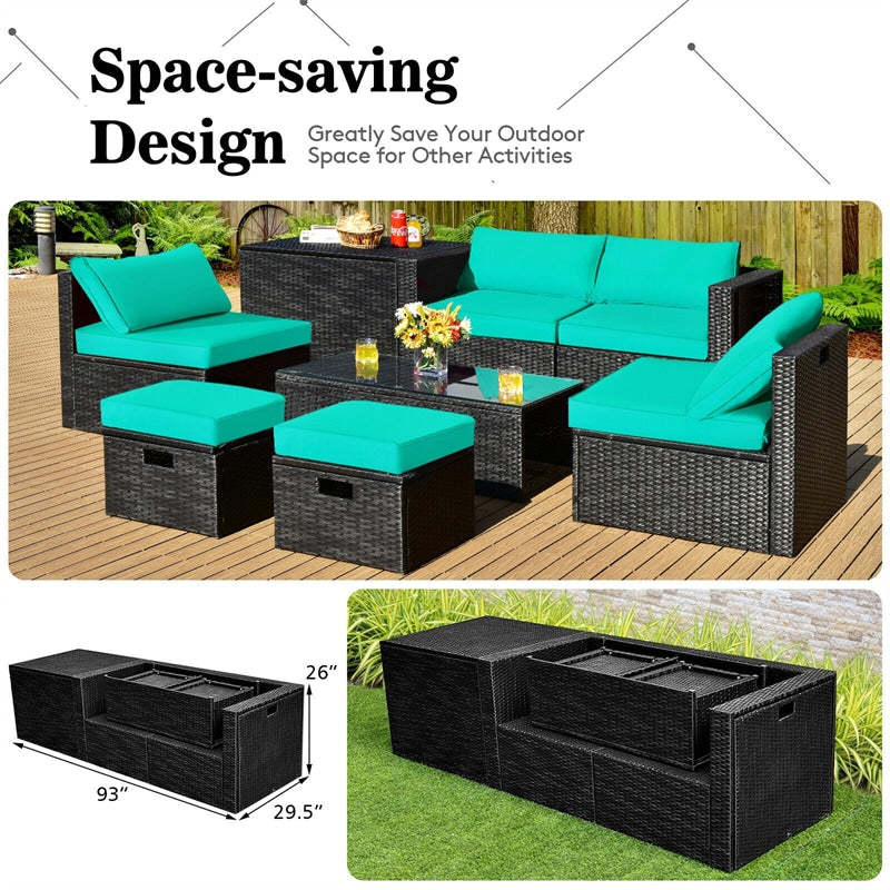 8PCS Wicker Outdoor Sectional Set, Patio Rattan Furniture Set with Storage Box, Coffee Table, Sofas, Ottomans, Cushions & Waterproof Cover