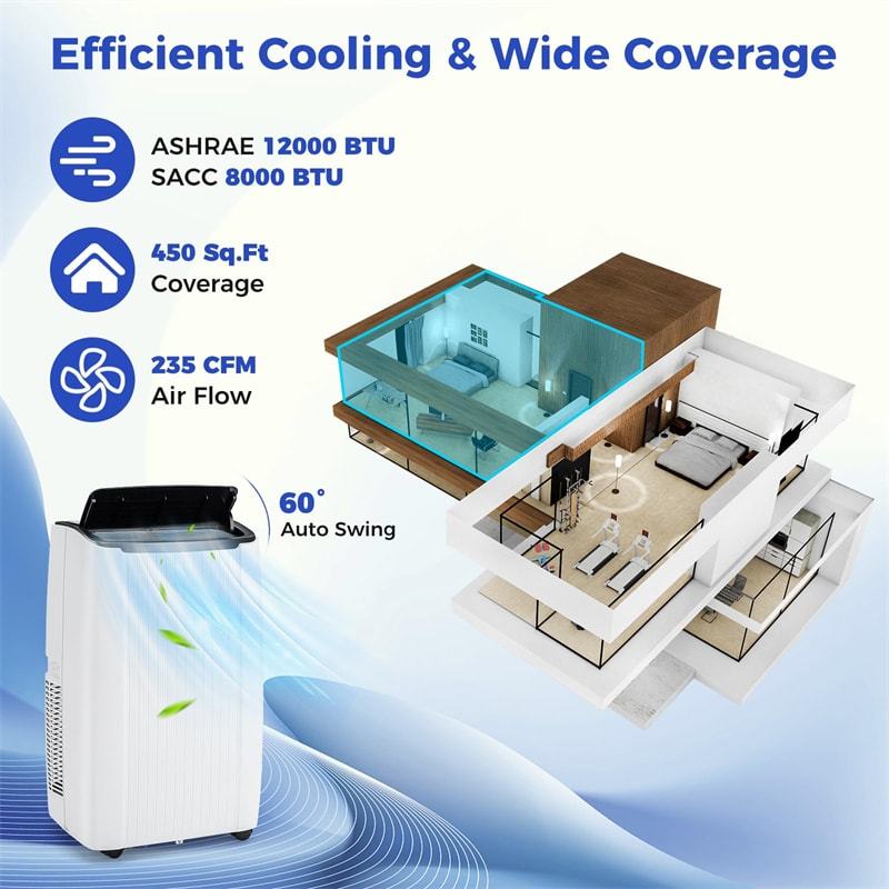 12000BTU Portable Air Conditioner with Heat, Smart WiFi Enabled Home AC Unit Fan Dehumidifier Rooms up to 450 Sq.Ft w/ Sleep Mode, Remote Control