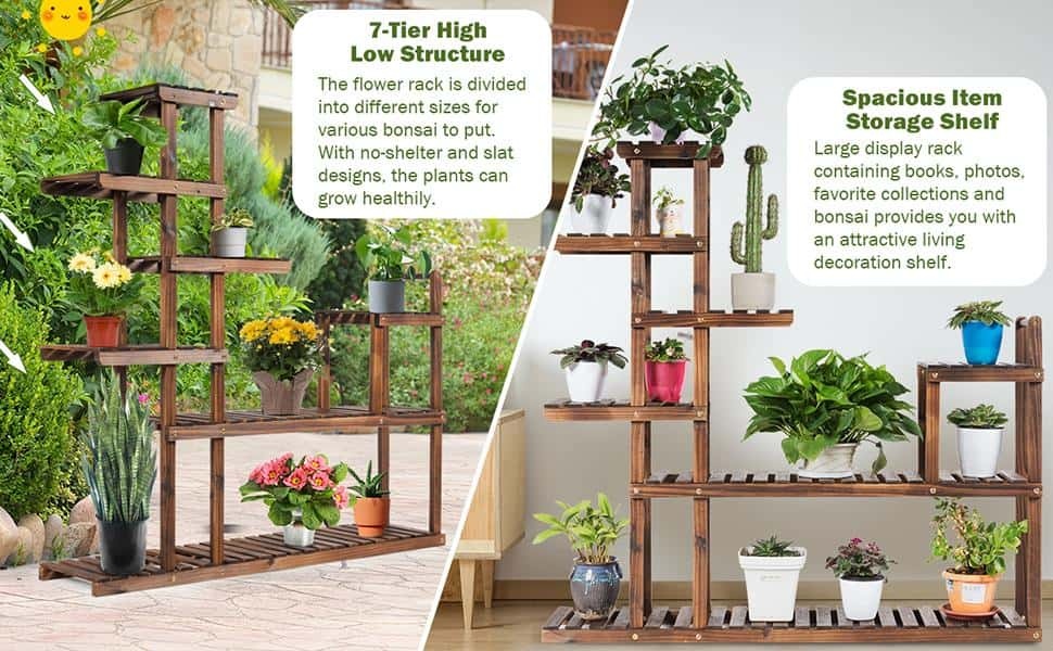 7-Tier Wood Plant Stand Flower Pot Display Rack Multifunctional Storage Shelf for Indoor Outdoor Patio Garden Yard