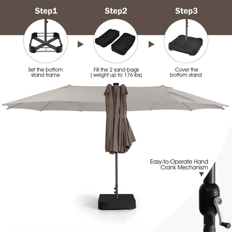 15 FT Outdoor Double-Sided Patio Umbrella with 48 Solar LED Lights & Umbrella Base