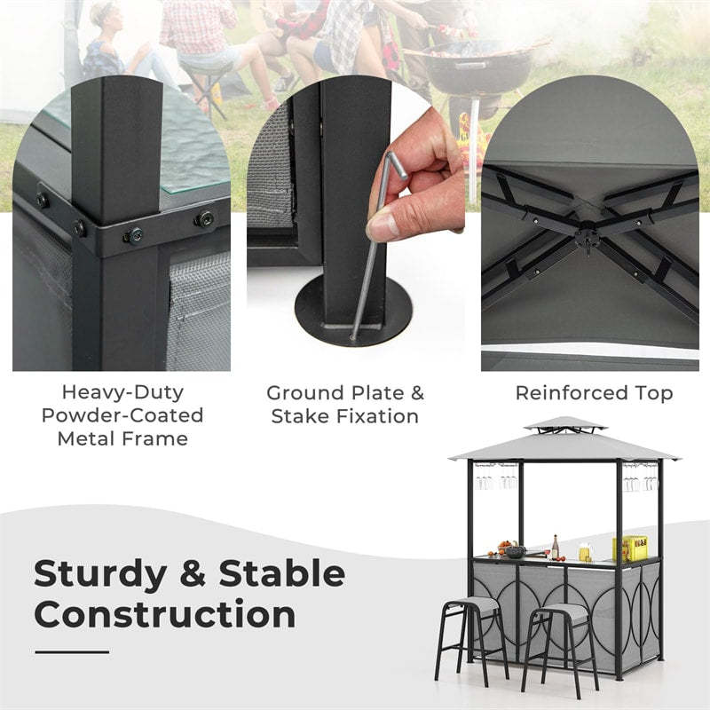3PCS Patio Bar Set 2-Tier Vented Top Grill Gazebo & 2 Bar Stools Set with Tempered Glass Bar Table, Metal Storage Shelves & Glass Holders