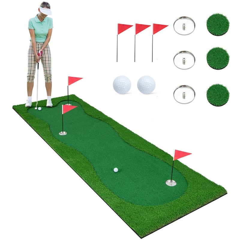 10x3.3FT Golf Putting Green, Large Professional Putting Mat with Artificial Grass Turf, 3 Holes & Flags, Golf Training Mat for Indoor Outdoor Practice