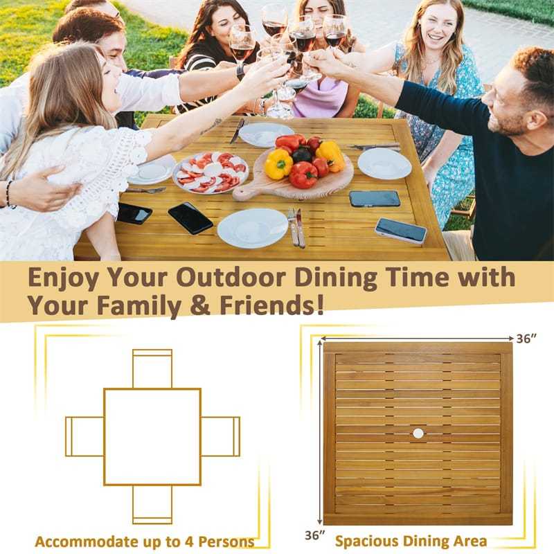 4-Person Square Acacia Wood Dining Table, Farmhouse Outdoor Bistro Table with 1.9" Umbrella Hole for Patio, Yard, Deck & Lawn