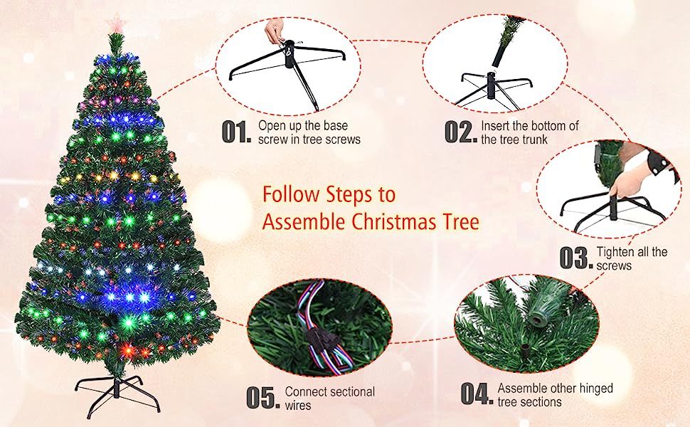 6FT Pre-Lit Artificial Christmas Tree 8 Flash Modes Fiber Optical Tree with Multicolor LED Lights & Metal Stand