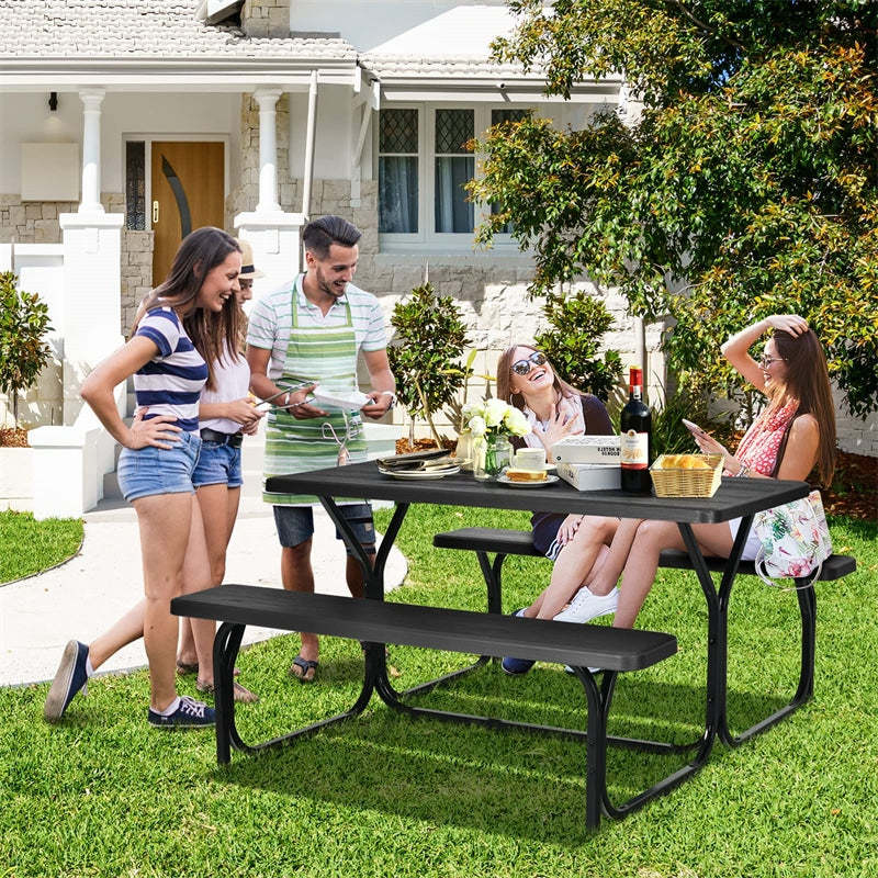 Outdoor Picnic Table Bench Set, All-Weather Metal Frame Camping Table with Built-in Benches & Wood-Like Tabletop for Backyard, Patio, Poolside