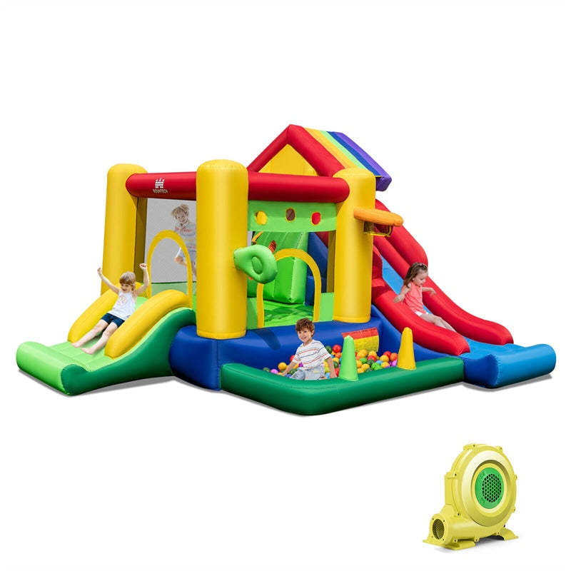 7-in-1 Rainbow Castle Inflatable Bounce House Backyard Dual Slide Bouncy House with 735W Blower & 50 Ocean Balls for Kids Indoor Outdoor Party Fun