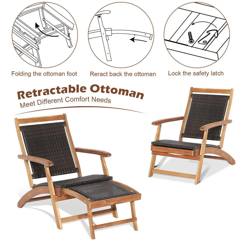 2Pcs Acacia Wood Folding Wicker Patio Lounge Chair Side Table Set with Retractable Footrest