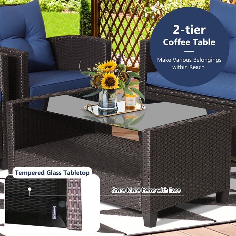 4 Piece Outdoor Rattan Furniture Set, Patio Conversation Set with Lower Shelf Coffee Table, Loveseat, 2 Cushioned Chairs for Garden Backyard