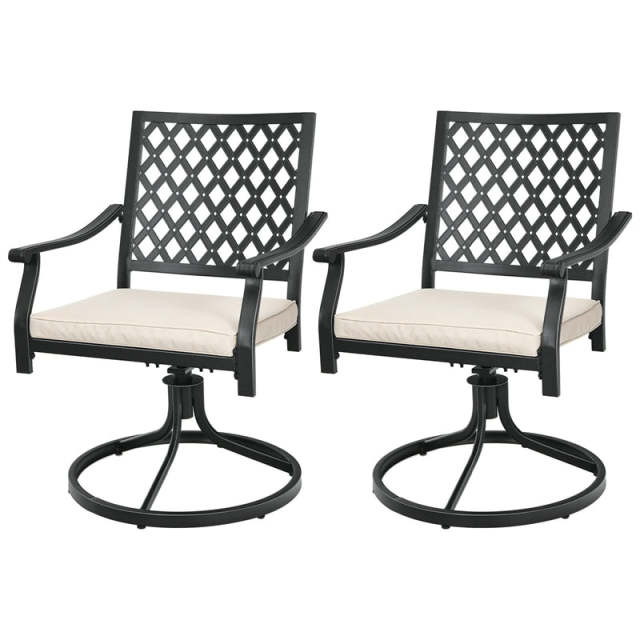 Swivel Patio Dining Chairs Set of 2, Metal Frame Lattice Outdoor Chairs 360 Rotation with Cushions & Curved Armrests for Porch Lawn Garden Yard
