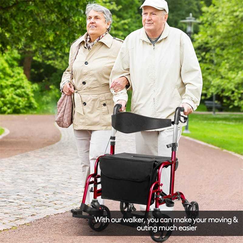 2-in-1 Folding Rollator Walker with Seat for Seniors, Aluminum Medical Walker Transport Chair Combo with 8" Wheels, Adjustable Handle & Backrest