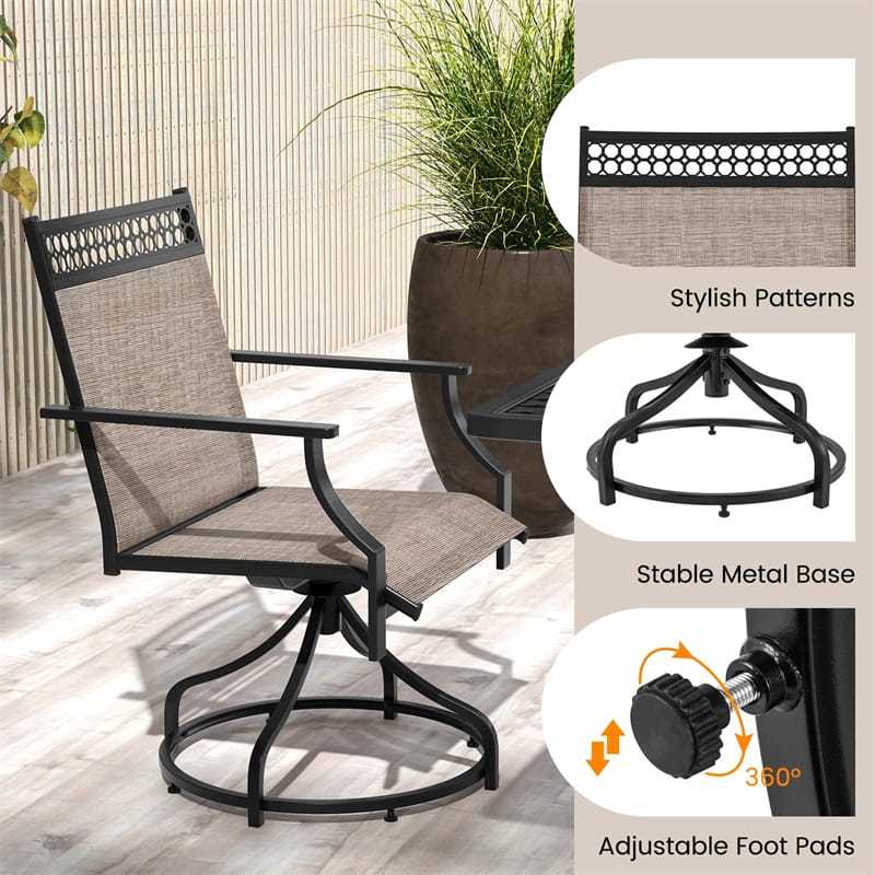 Patio Swivel Dining Chairs Set of 2 with Quick-Drying Fabric & Metal Frame, 360° Rotating Outdoor Chairs with Armrests for Deck Garden Yard