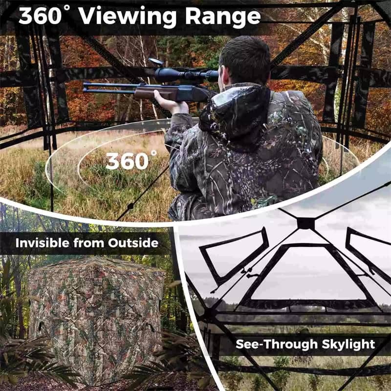 360° One-Way See-Through Hunting Blind 3-in-1 Multifunctional Camo Hunting Tent Stakeout Hunting Blind with Skylight, Roof Cover, Carrying Bag