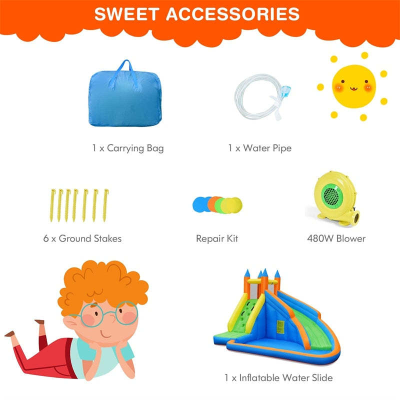 Inflatable Water Slide Mighty Bounce House Splash Pool Giant Bouncy Castle Waterslide Park with Climbing Wall & 480W Blower for Kids Backyard Party