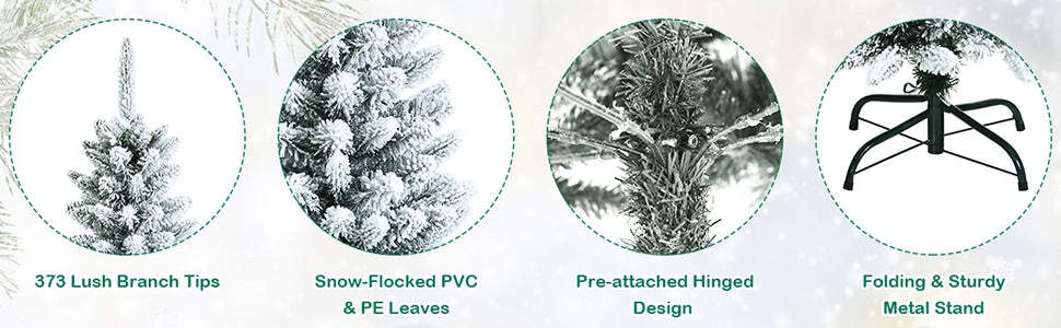 4.5ft Snow Flocked Pencil Christmas Tree Hinged Artificial Xmas Tree with 373 Branch Tips