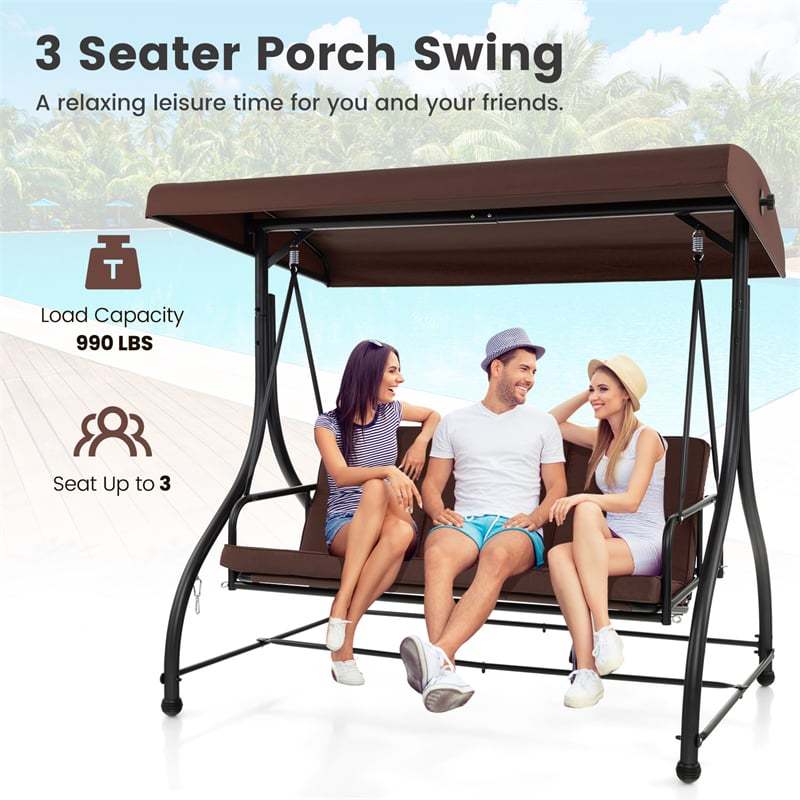 2-in-1 Convertible Patio Swing with Adjustable Canopy & Removable Cushions, Steel Frame 3-Person Outdoor Swing Bed for Deck/Backyard/Garden