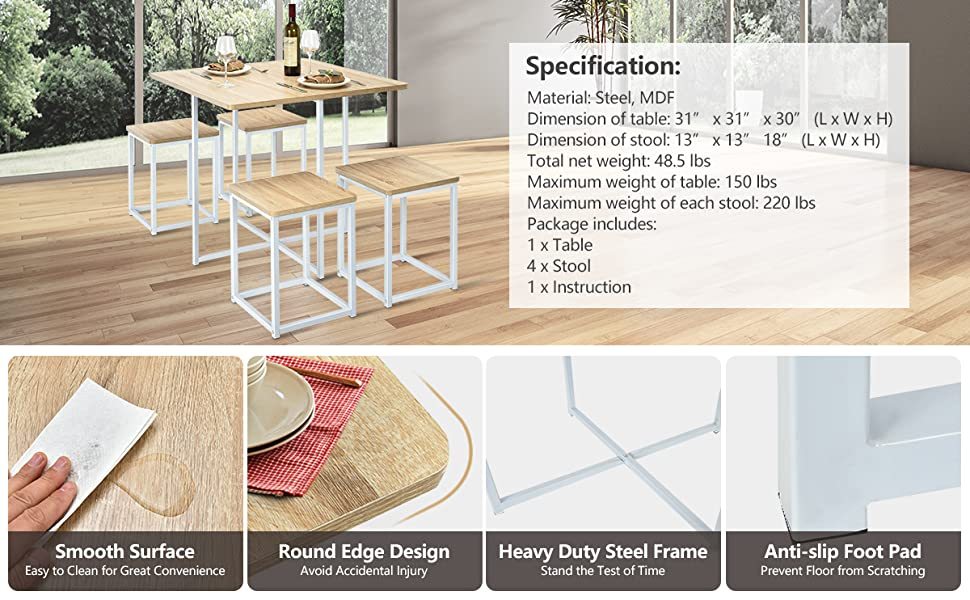5pcs Compact Dining Table Set with 4 Square Stools & Metal Frame for Small Space Pub Apartment