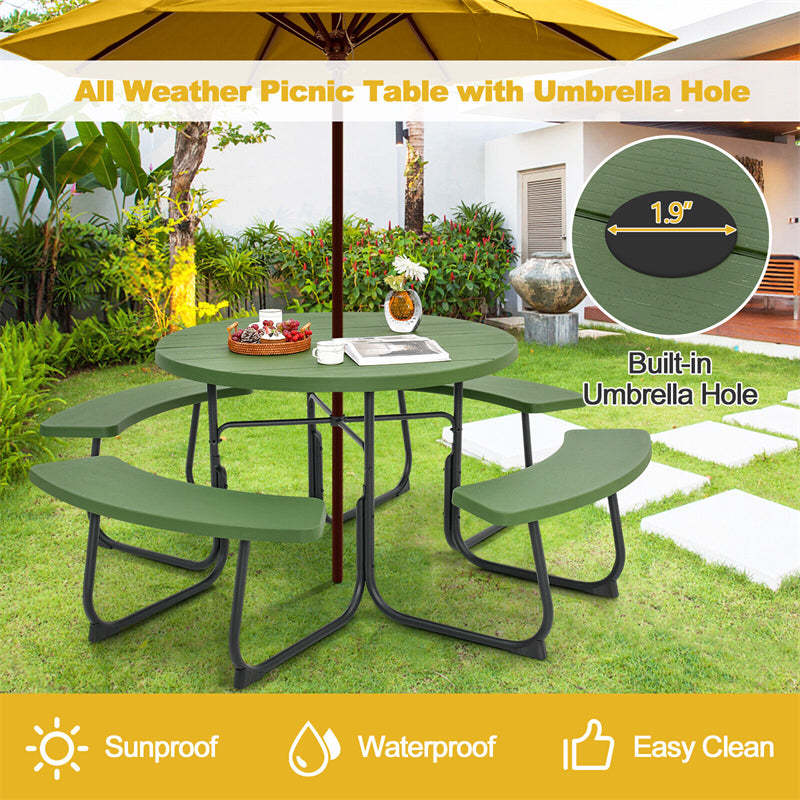 8-Person Outdoor Round HDPE Picnic Table & Bench Set with Umbrella Hole, Metal Frame, 2000LBS Capacity Patio Table Bench Set for Backyard Garden