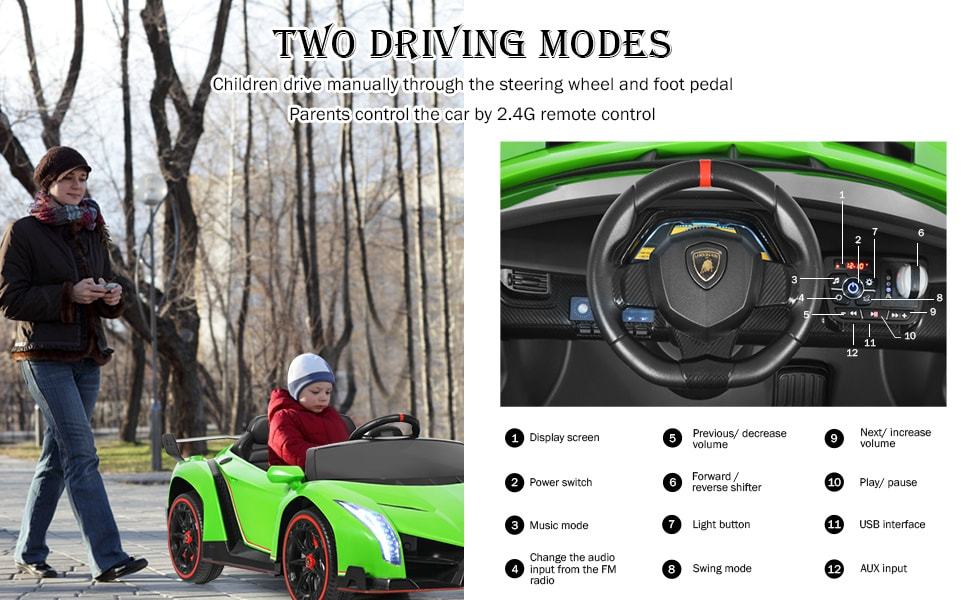12V 2-Seater Kids Ride On Car Lamborghini Poison Electric Vehicle with Remote Control & LED Lights Swing Mode