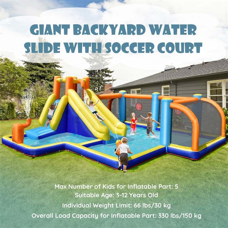 Inflatable Water Slide, 15x16.5FT Mega Water Soccer Water Park with Slide, 735W Blower, Splash Pool & Climbing Wall for Big Kids Backyard Party Gifts