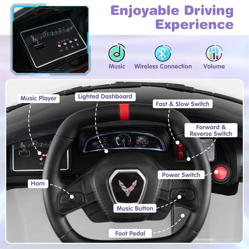 12V Kids Ride On Car Licensed Chevrolet Corvette C8 Electric Toy Car with Remote Control, Wireless Connection, Lights, Gift for Boys & Girls