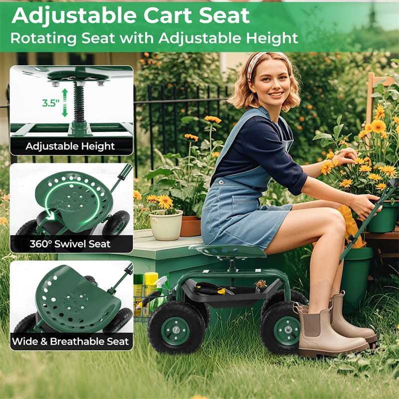 Heavy Duty Rolling Garden Cart with 360° Swivel Seat, Extendable Handle, Tool Tray & Storage Basket, 4-Wheel Gardening Workseat for Patio Yard