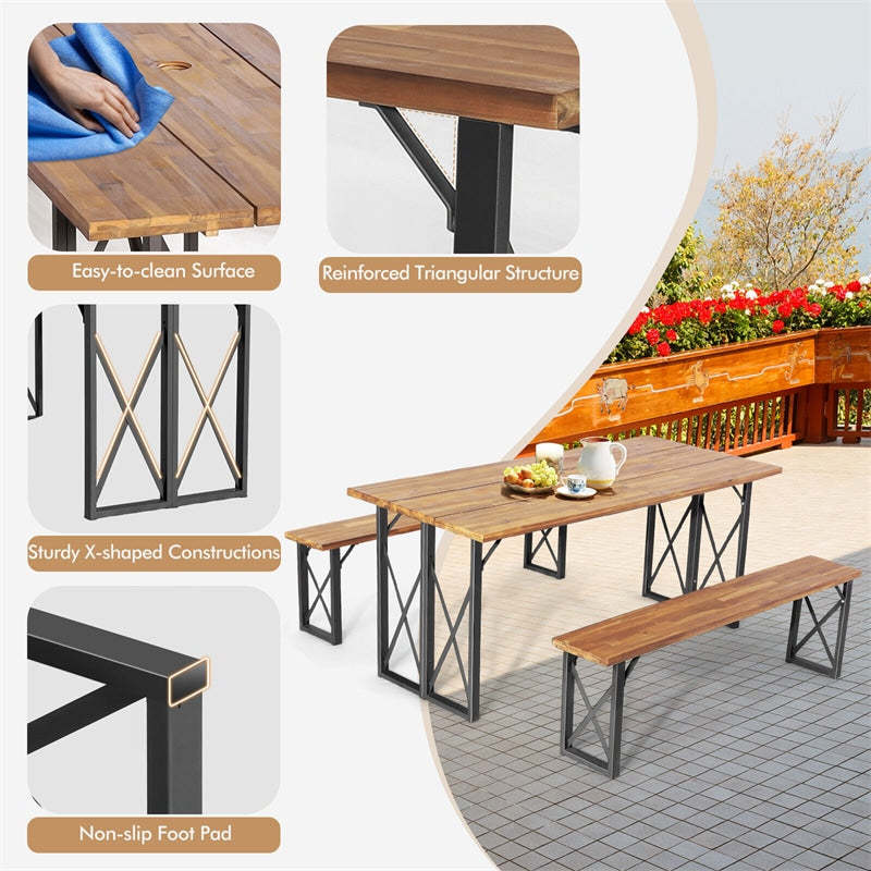 3-Piece Outdoor Picnic Table Set for 4-6 Persons, 67" Acacia Wood Dining Table with 2 Benches & 2" Umbrella Hole, Heavy-Duty Patio Rectangular Table