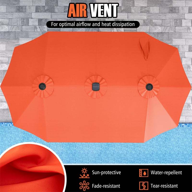 15.5FT Extra Large Patio Umbrella with 144 Solar LED Lights & Crank Handle, 12 Heavy-Duty Ribs Double-Sided Market Umbrella for Deck, Poolside