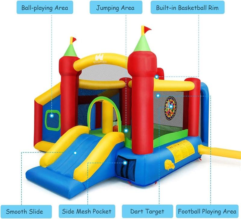 Inflatable Bounce House, 7-in-1 Kids Jumping Bouncy Castle with Slide, Basketball & Football Field, 100 Ocean Balls for Backyard Party Gifts