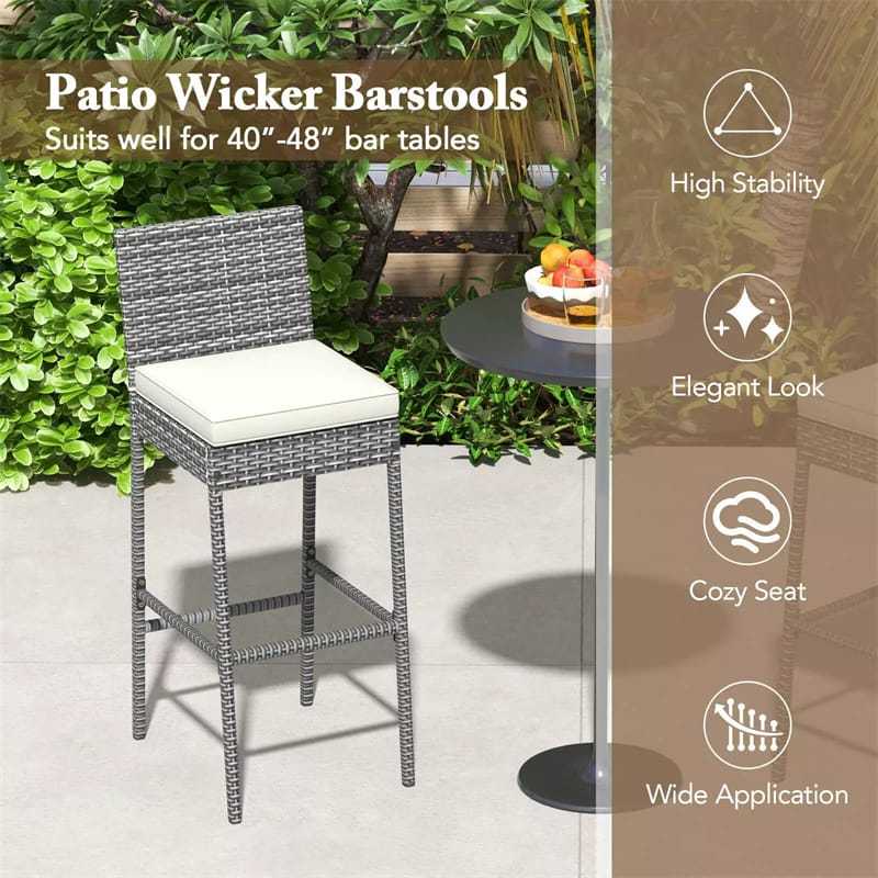 Wicker Outdoor Bar Stools Set of 2, Heavy-Duty Metal Frame Bar Height Patio Chairs with Soft Seat Cushions & Footrests