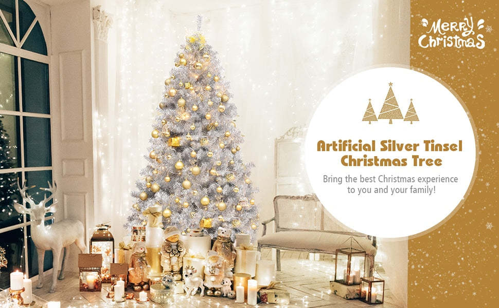 6ft Unlit Hinged Silver Tinsel Artificial Christmas Tree with Metal Stand