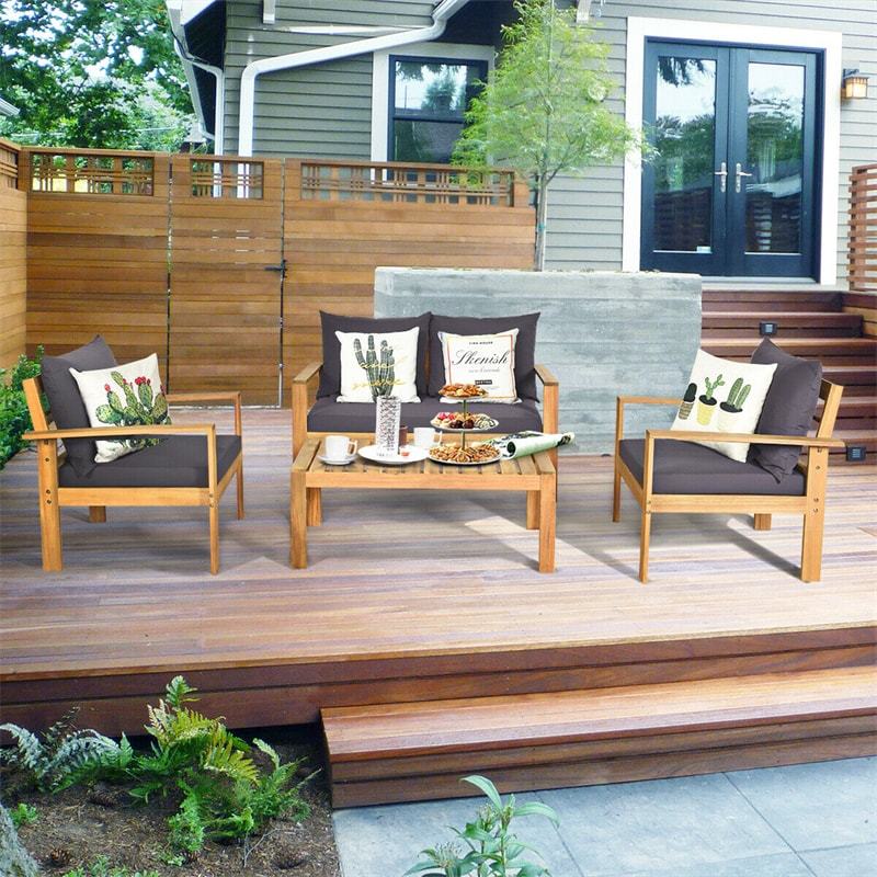 4 Piece Acacia Wood Patio Conversation Set Outdoor Chat Set with Loveseat Chairs & Coffee Table