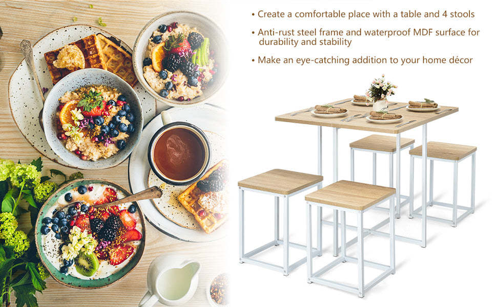 5pcs Compact Dining Table Set with 4 Square Stools & Metal Frame for Small Space Pub Apartment
