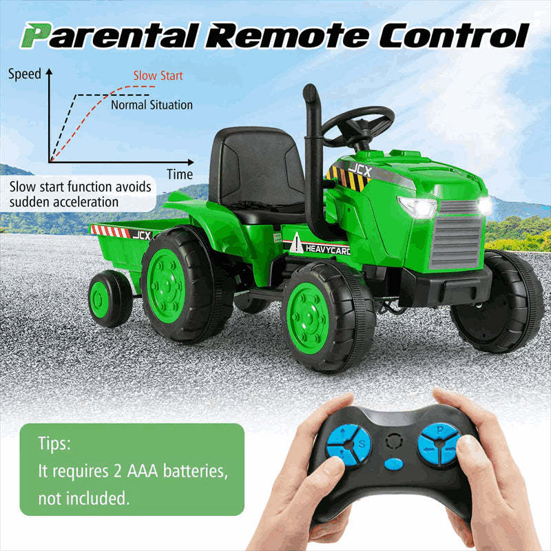 2-in-1 Kids Ride On Tractor with Detachable Trailer, 12V Electric Toy Car with Remote Control & LED Lights, Toddler Tractor for 3-8 Years