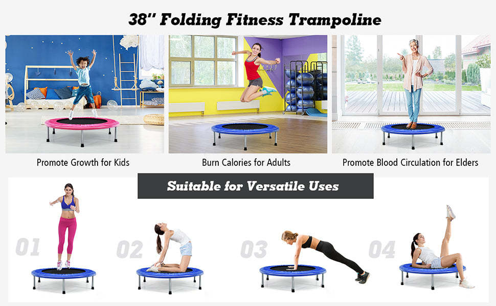 38" Mini Folding Exercise Trampoline Fitness Rebounder with Padding and Springs