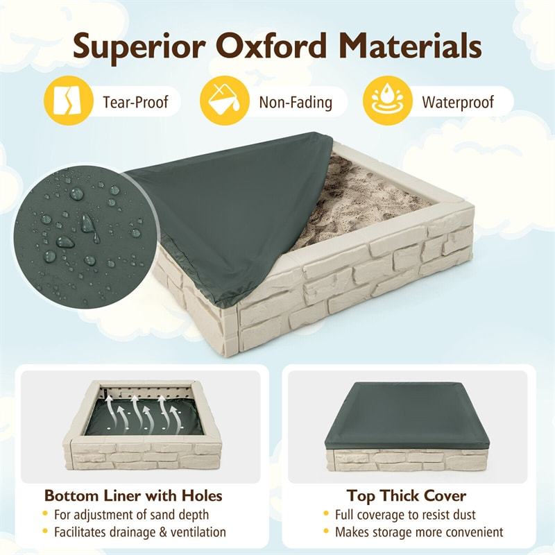 4FT Kids Sandbox, Weather Resistant HDPE Square Sand Pit with Oxford Cover & Bottom Liner for Outdoor Backyard, Lawn, Garden & Beach Play