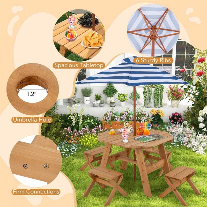Kids Picnic Table & Bench Set, Fir Wood Octagon Table with Chairs & Removable Umbrella, Toddler Activity Furniture for Patio Garden Backyard