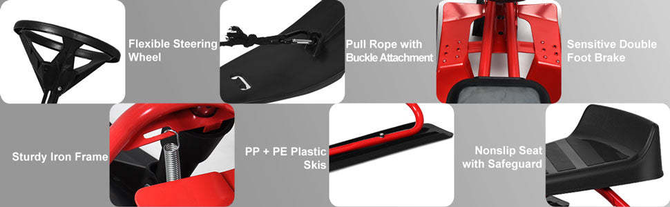 Kids Snow Racer Sled Ski Sled with Steering Wheel Double Brakes Pull Rope